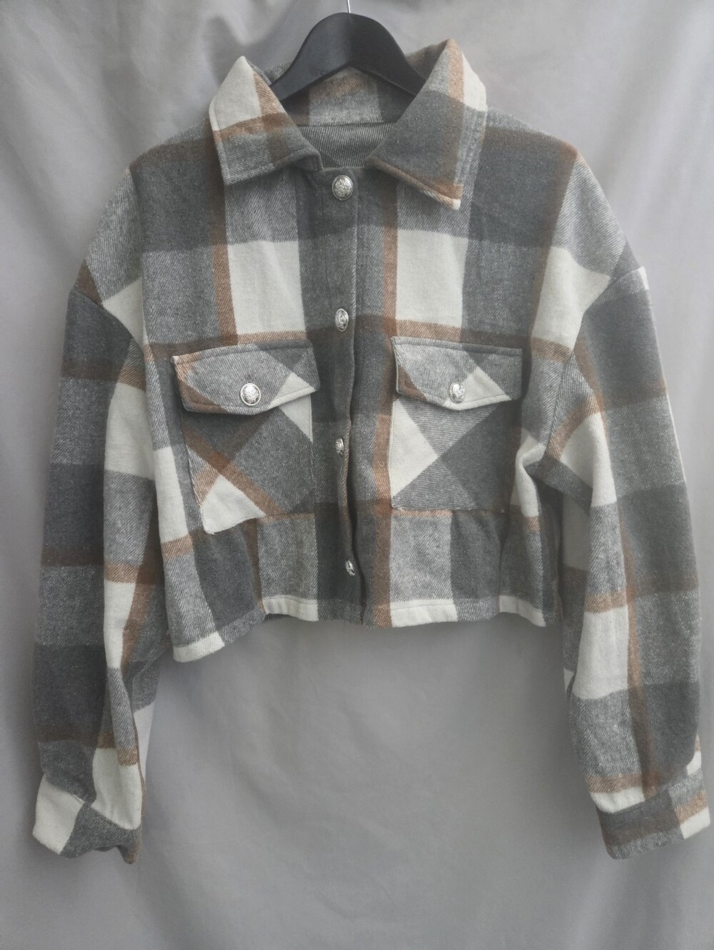 Cropped Plaid Button-Front Jacket - Gray & Cream